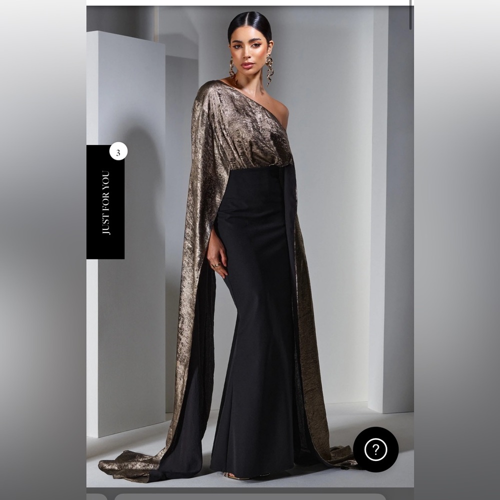 BLACK & GOLD METALLIC ONE SHOULDER CAPE MAXI DRESS